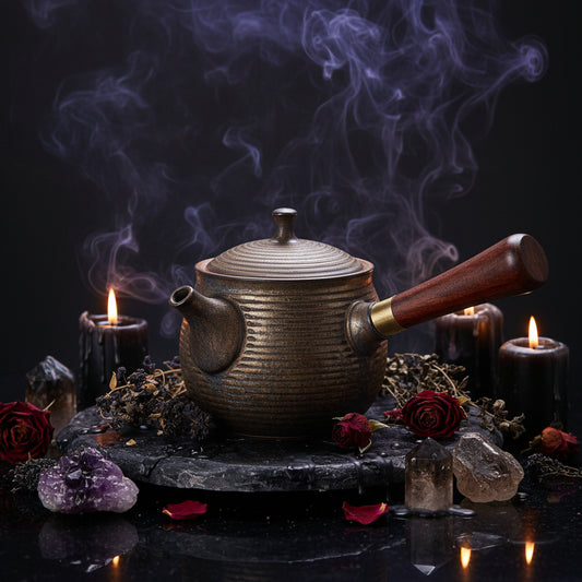 Bronze teapot with wooden handle on a white background