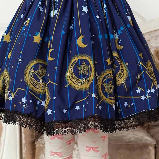 Navy blue skirt with gold celestial patterns and black lace trim.