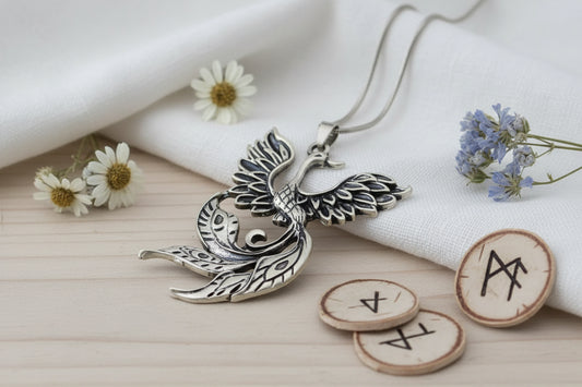 Bronze phoenix pendant on a wooden surface