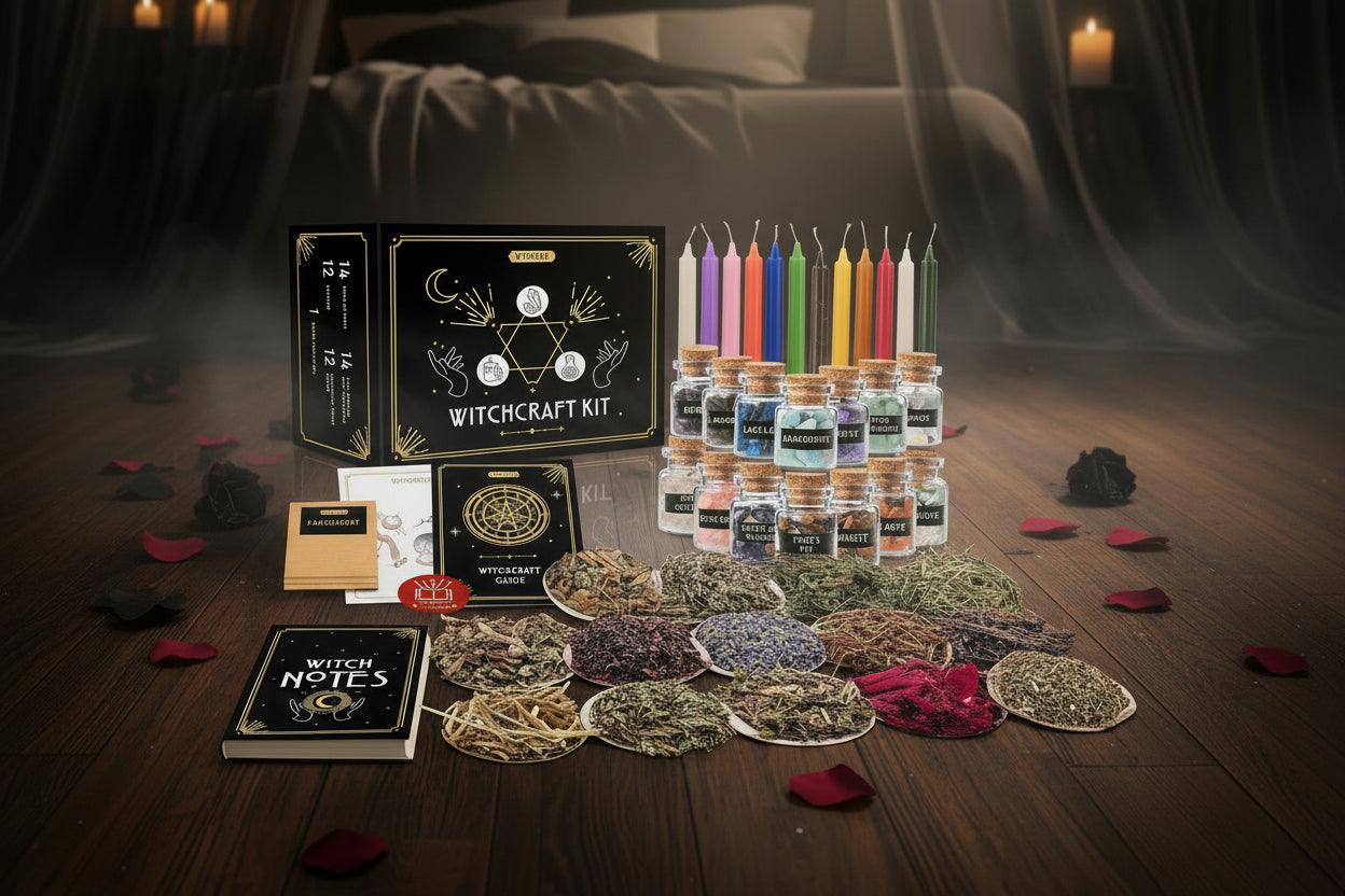 Witchcraft kit with candles, herbs, and books on a white background