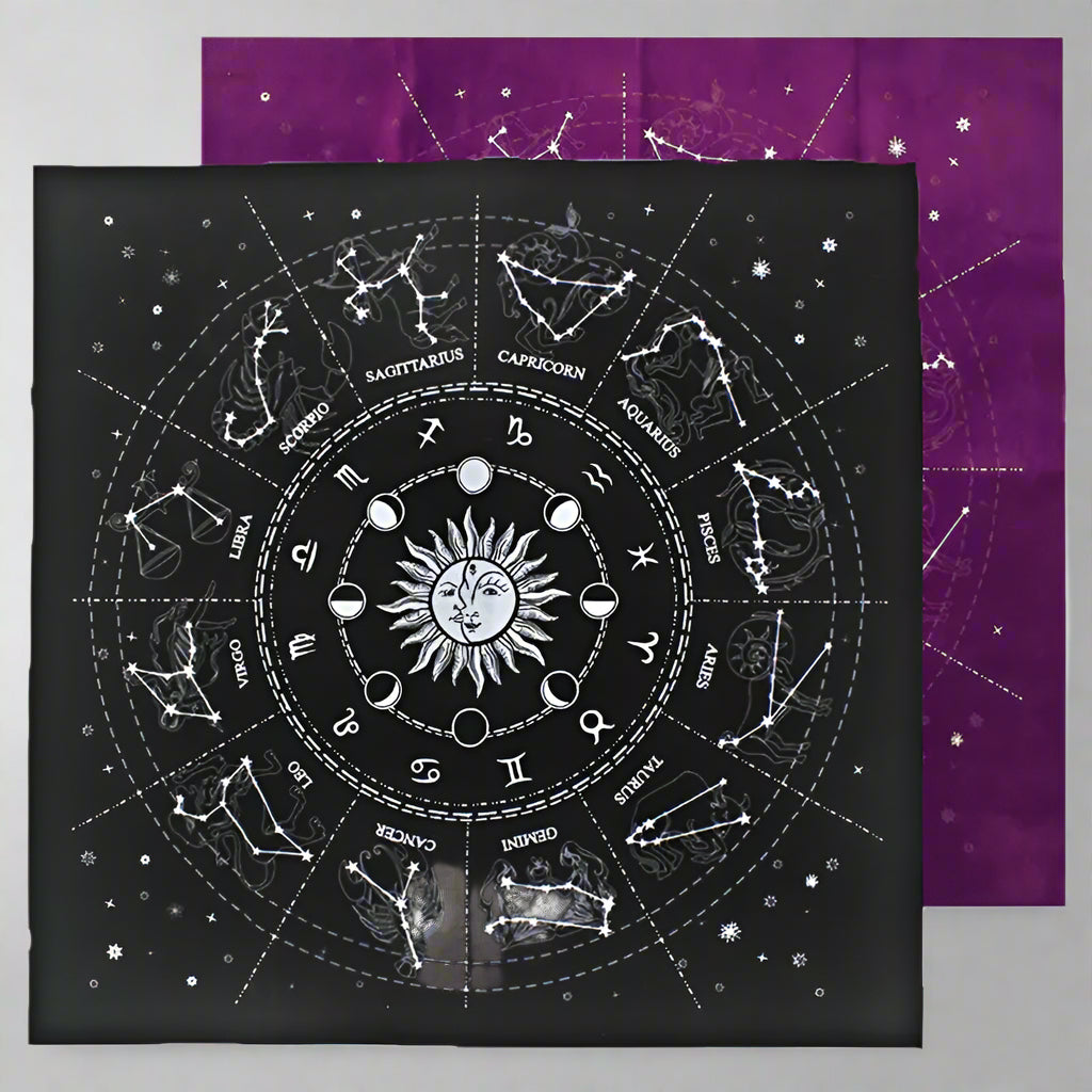 Black and purple fabric with astrological design and star patterns
