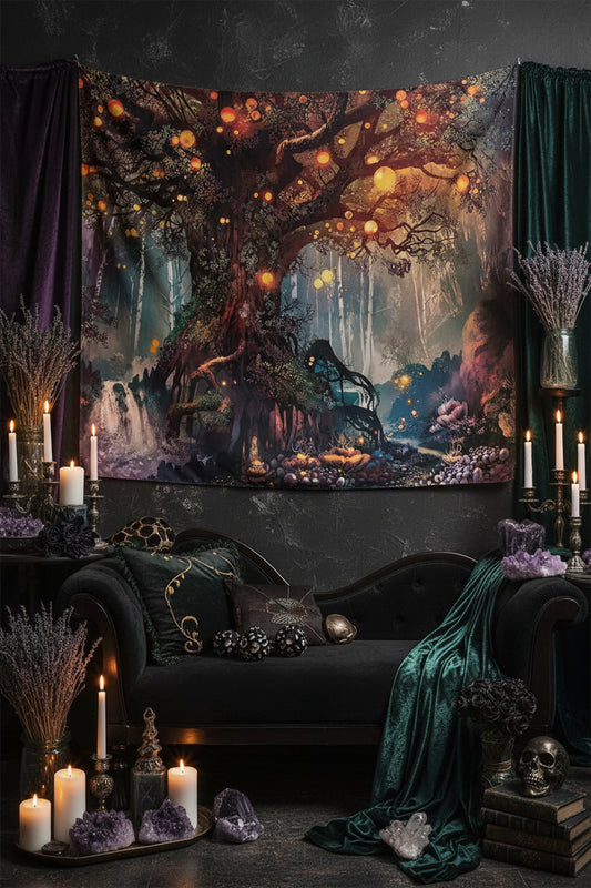Fantasy tapestry with a large tree, glowing orbs, and a waterfall on a beige wall.