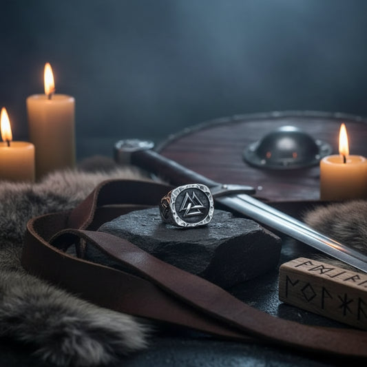 Silver ring with a prominent triangle design on a white background