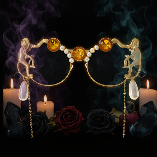 Decorative sunglasses with gold monkey figures, amber stones, and pearl accents on a white background