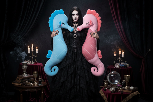 Woman holding a large blue and pink seahorse plush toy in a room with a table and shelves.