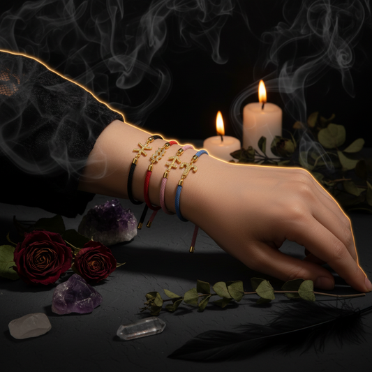 Bracelets with gold anchor charms on a wrist against a dark background