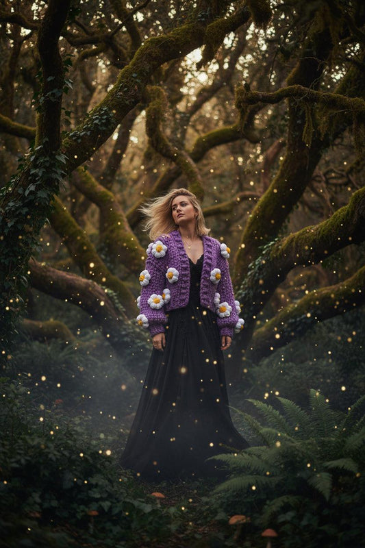 Woman wearing a purple knit cardigan with floral patterns outdoors.