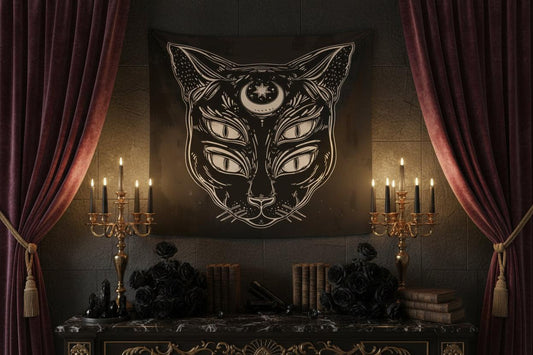 Digital Print Wall Tapestry - Cat Design Sorceress Sanctuary