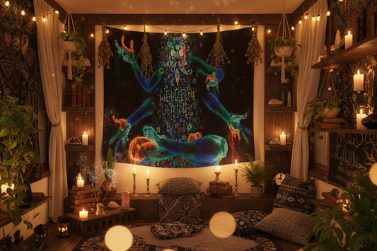 Colorful tapestry with a mystical figure design on a black background