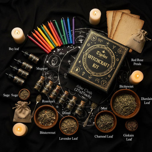 Witchcraft kit with dried herbs, color candles, essential oils, and crystals on a white background.