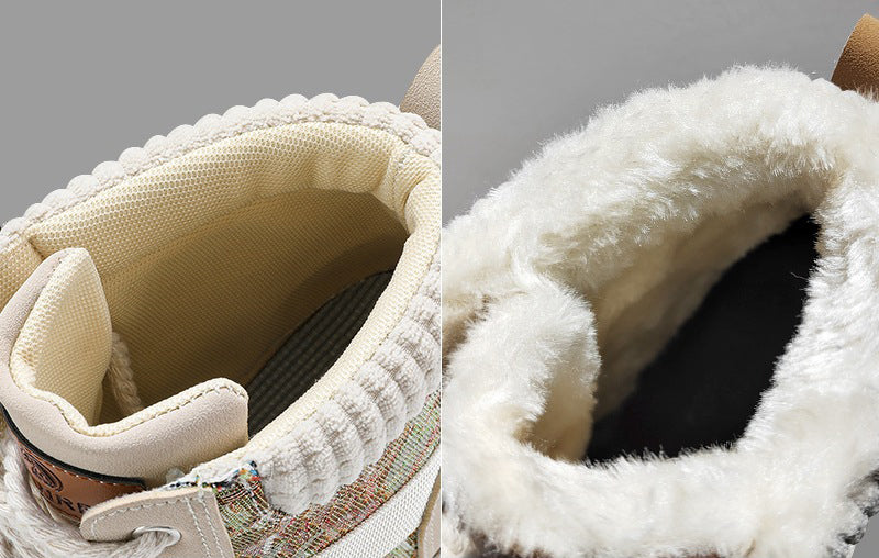 Close-up of a sneaker's interior with white lining and fur, on a gray background.