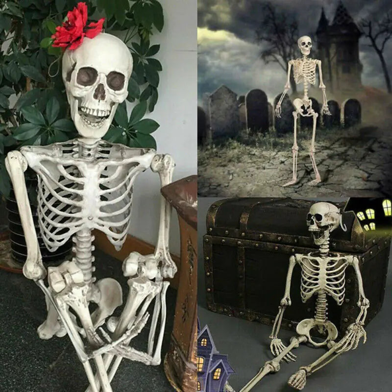 Collage of skeletons in various poses with a focus on Halloween-themed decorations.