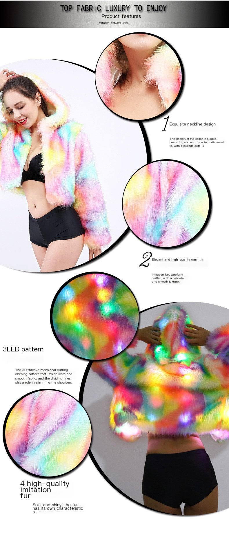 Multicolored fabric with LED pattern, shown on a person, with product features highlighted.