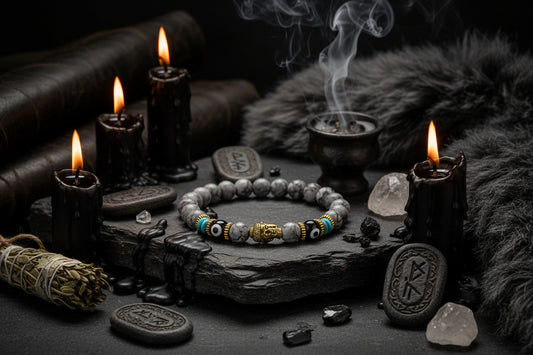 Bracelet with gray beads, gold accents, and black and blue eye-shaped beads on a white background