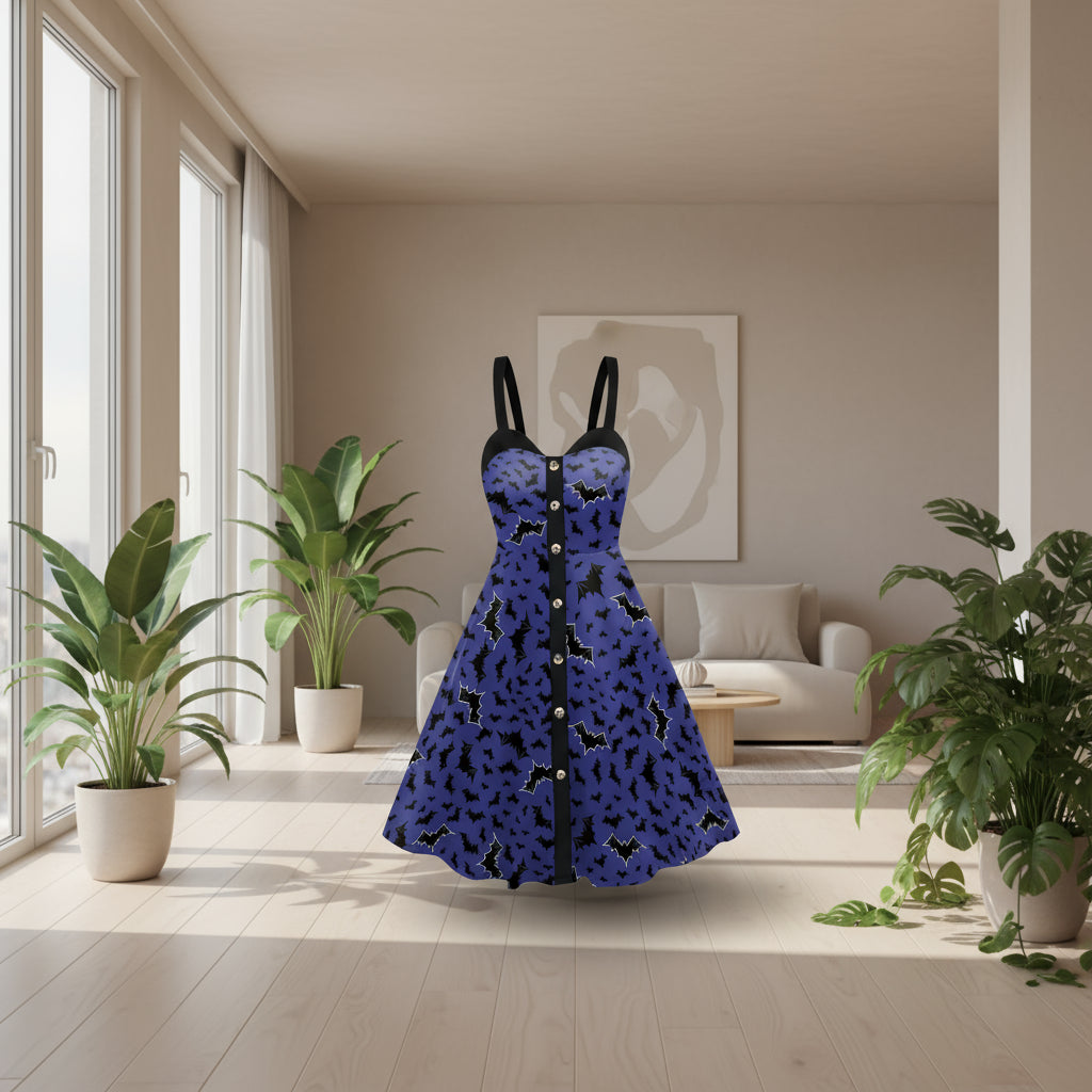 Blue dress with black bat pattern on a white background