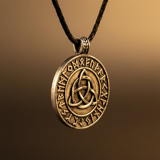 Silver pendant with Celtic knot design and engraved text on a white background