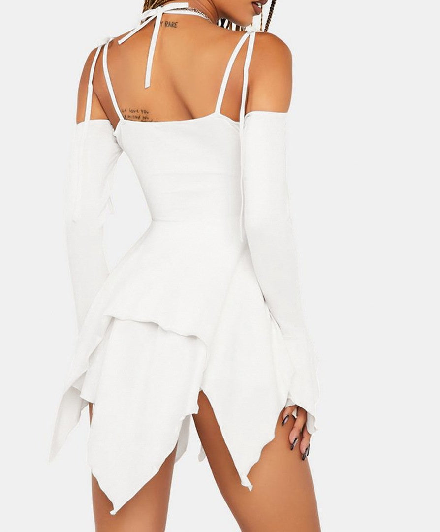 White dress with ruffled details on a white background