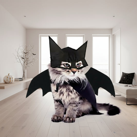 Cat wearing a black batman superhero costume with a mask and cape on a white background