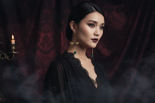 Woman wearing dragonfly-shaped earrings with green beads against a dark background