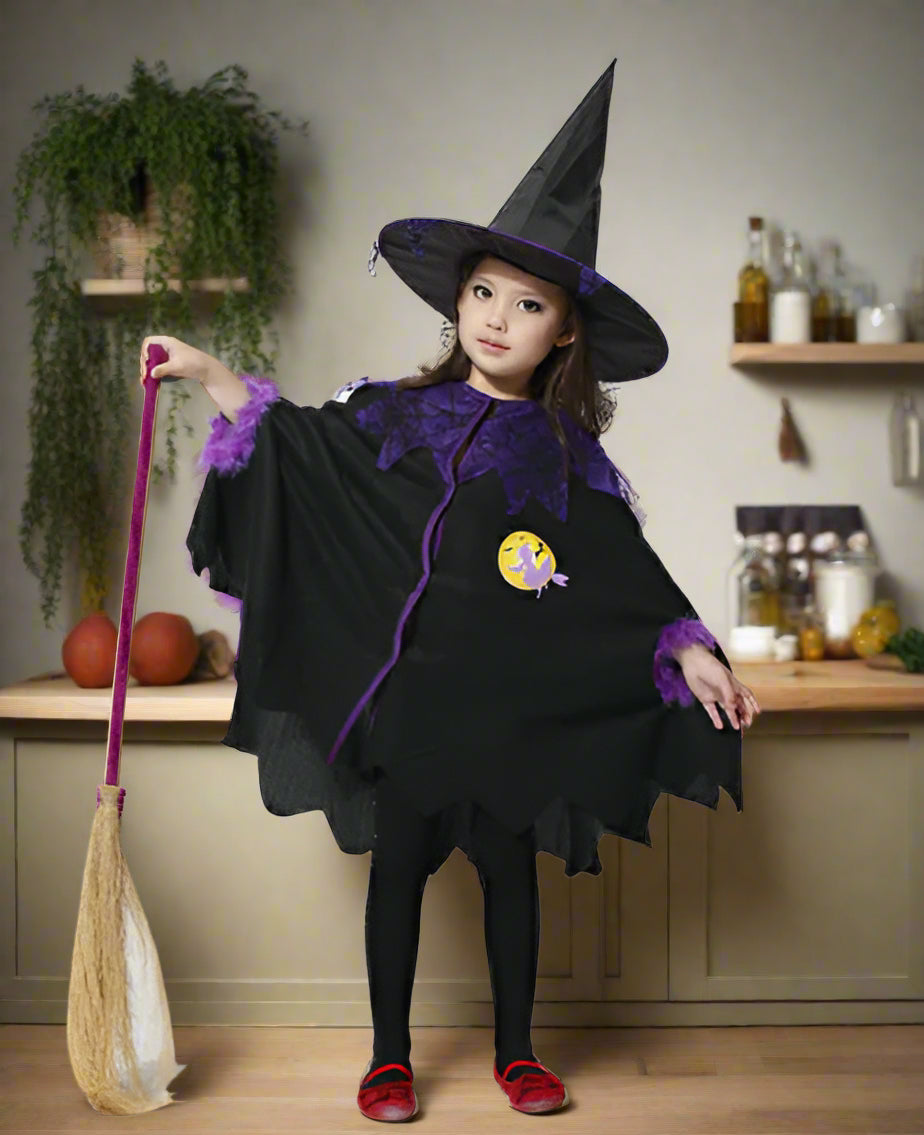 Child wearing a witch costume with a black hat, purple accents, and holding a broomstick on a white background.