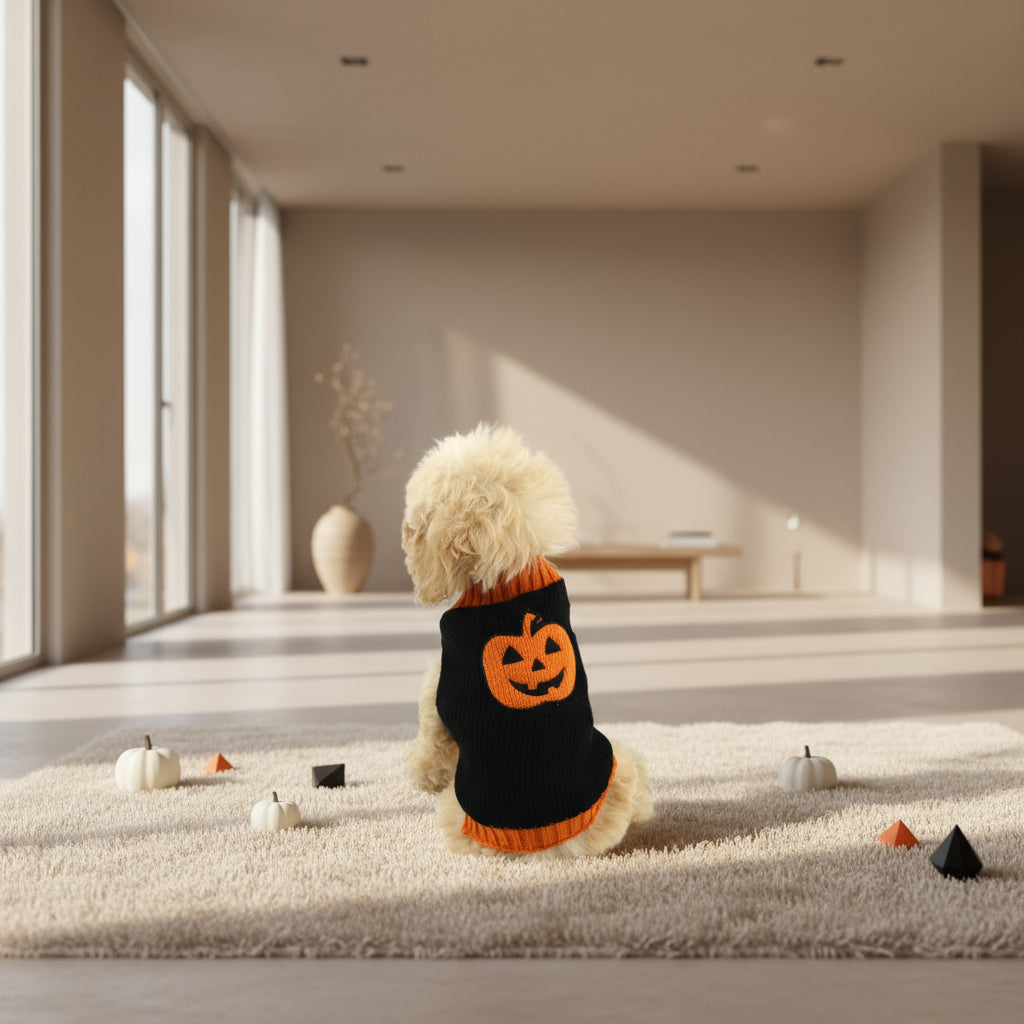 Dog wearing a black sweater with an orange pumpkin design on a white background
