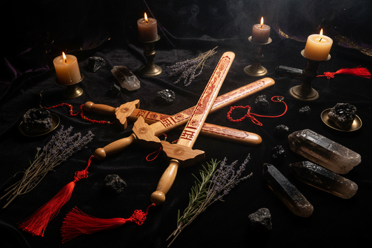 Set of wooden swords with intricate carvings and red tassels on a white background