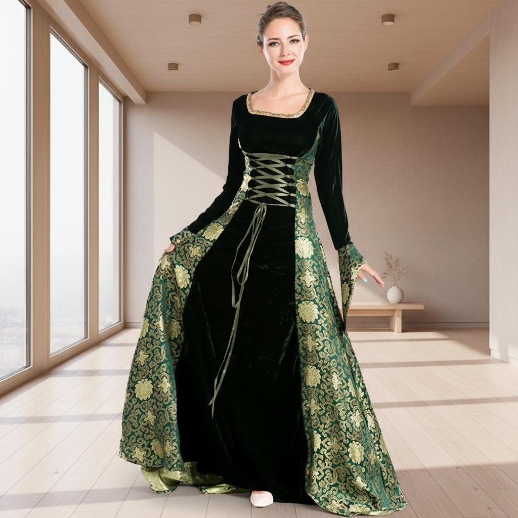 Woman wearing a black and green medieval-style dress on a white background