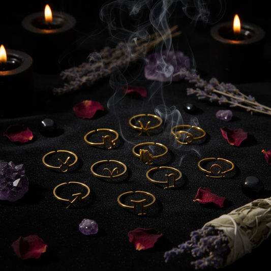 Gold rings with zodiac symbols on a beige fabric background