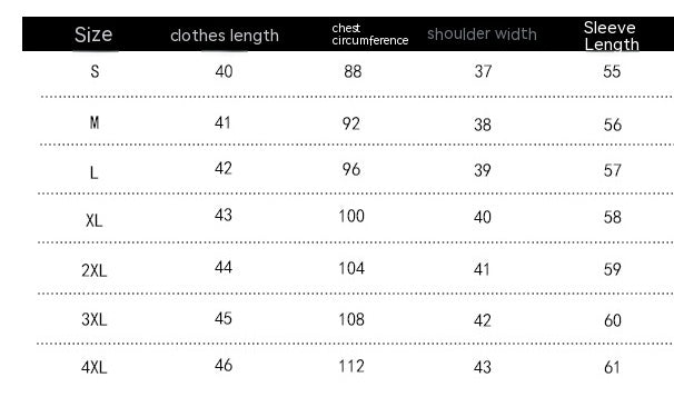 Size chart for clothes with measurements including length, chest circumference, shoulder width, and sleeve length.