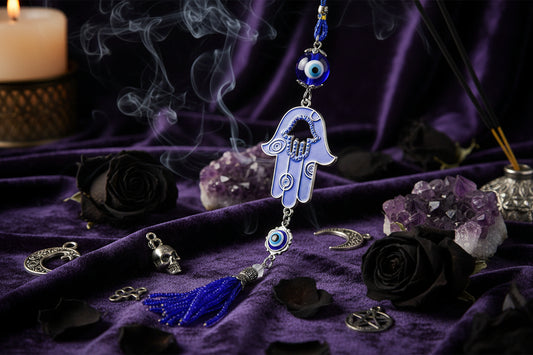 Blue Eye Fatima Hand Tassel Keychain with Evil Eye Sorceress Sanctuary