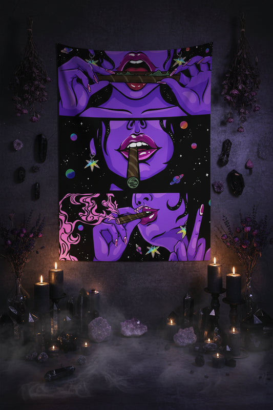 Wall art with a purple abstract design of a face and hands, displayed on a wall with dimensions indicated.
