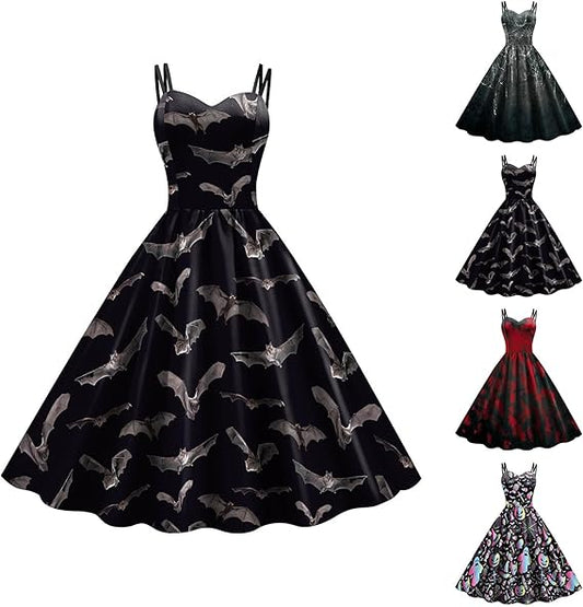 halloween A-Line Cocktail dresses with bat pattern on a white background