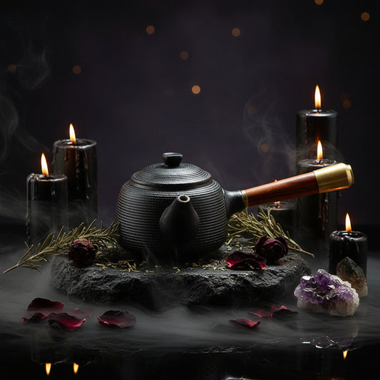 Black teapot with wooden handle on a wooden surface next to an open book