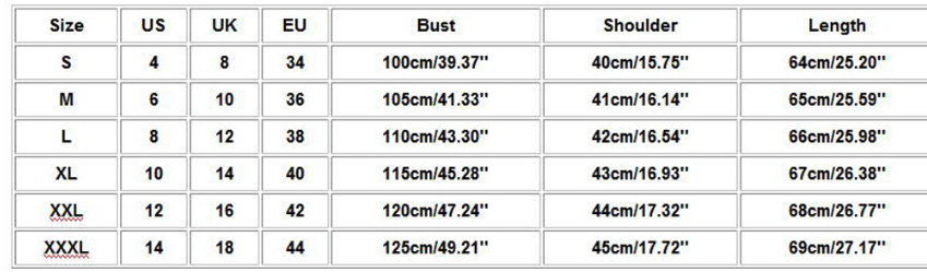 Table displaying size chart for clothing with measurements in US, UK, EU, bust, shoulder, and length.