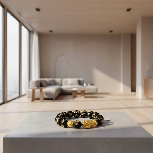 Black beaded bracelet with gold accents on a wooden surface