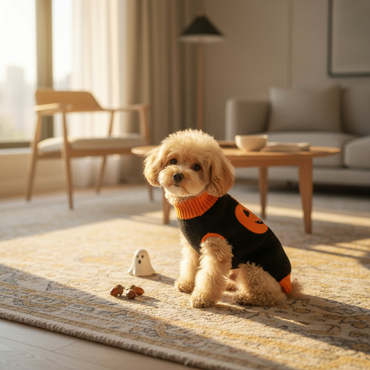 Dog wearing a black and orange Halloween-themed sweater with pumpkin designs on a white background