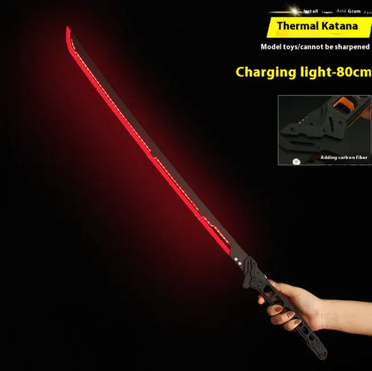 Red glowing katana sword held by a hand on a black background with text about its length and features.