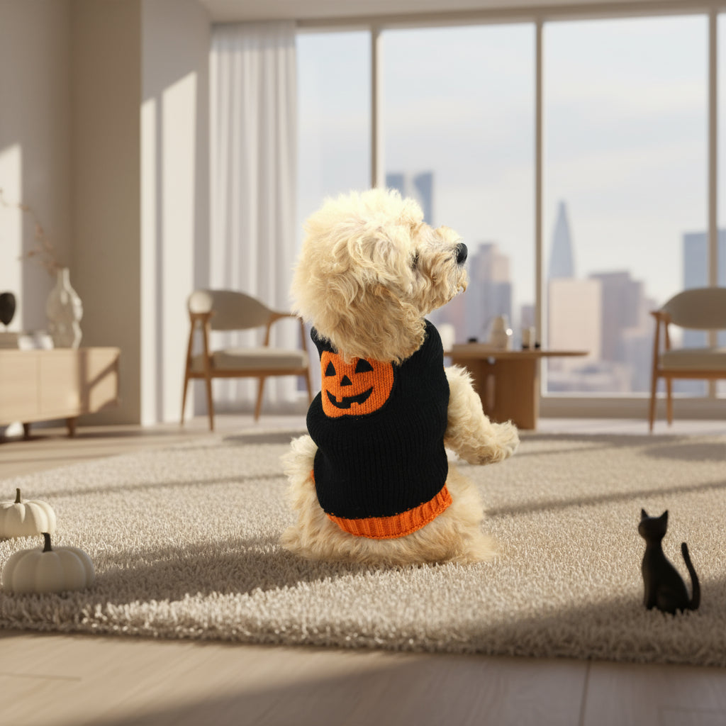 Dog wearing a black sweater with an orange pumpkin design on a white background