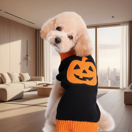 Dog wearing a Halloween-themed sweater with a jack-o'-lantern design on a white background