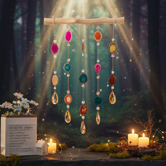 Decorative hanging with colorful beads and stones on a white wall.