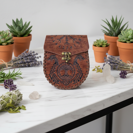 Brown leather pouch with embossed designs and a gold clasp on a dark background