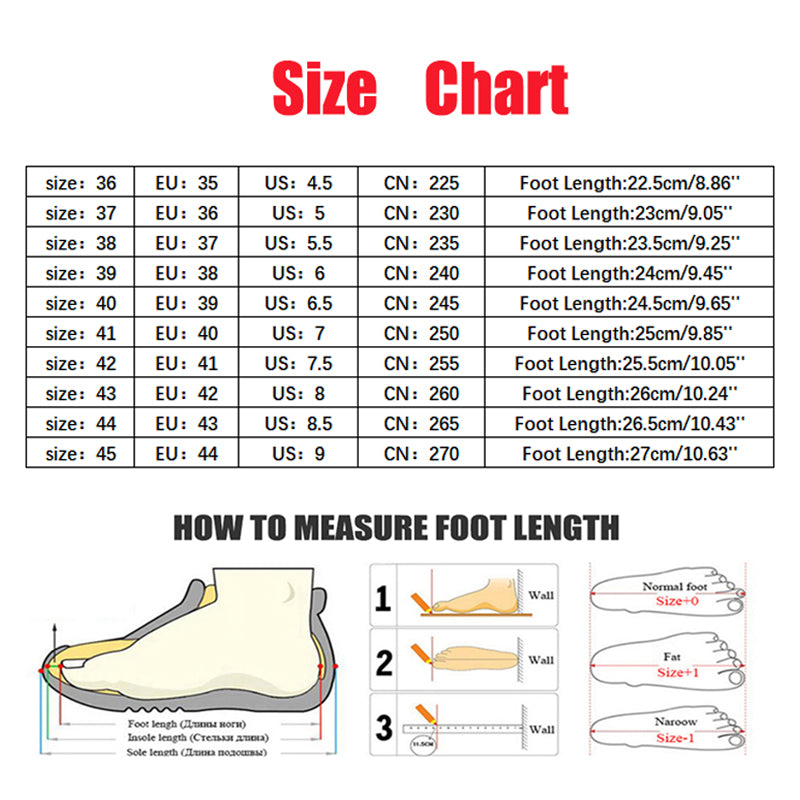 Size chart for shoes with measurements in various units including EU, US, CN, and foot length.