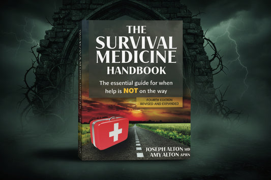 Book cover of 'The Survival Medicine Handbook' with a road and first aid kit graphic.