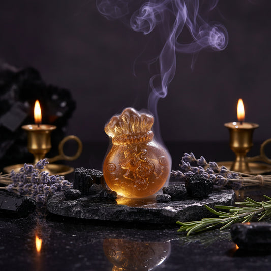 Amber-colored decorative item with intricate design on a white background