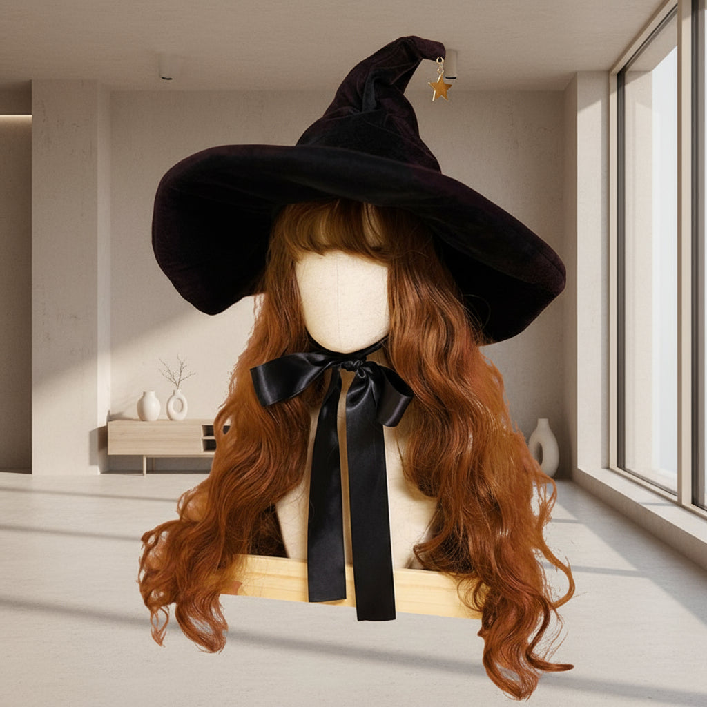 Mannequin head with black witch hat and brown wig on a red background with star and cross designs.