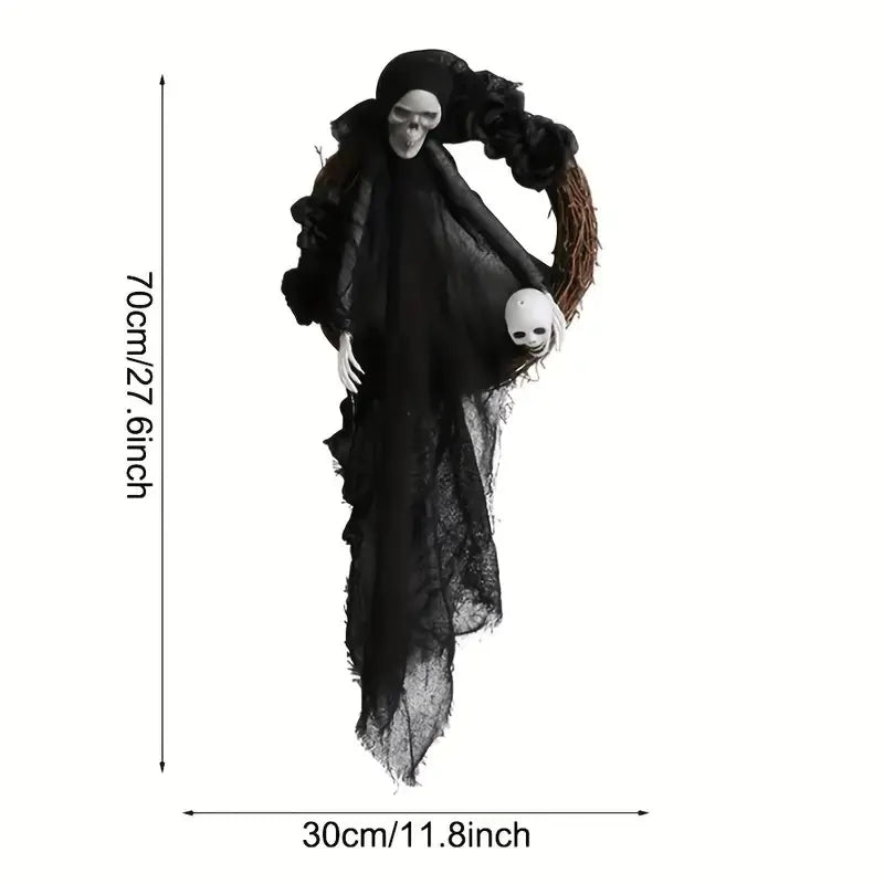 Decorative item with a skeleton figure and black cloth, shown with measurements on a white background.