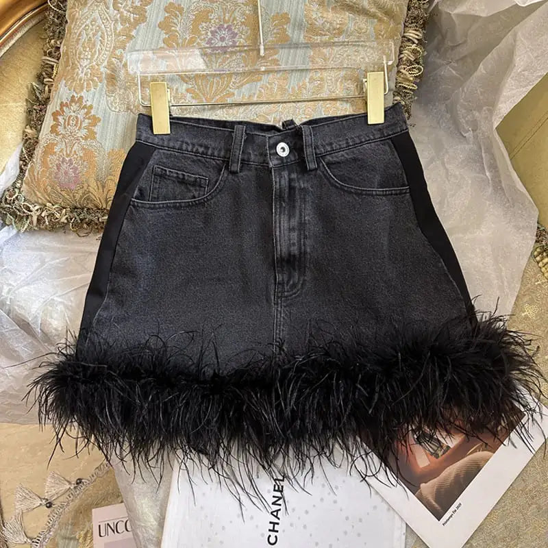 Black Denim Skirt | Ostrich Hair Trim