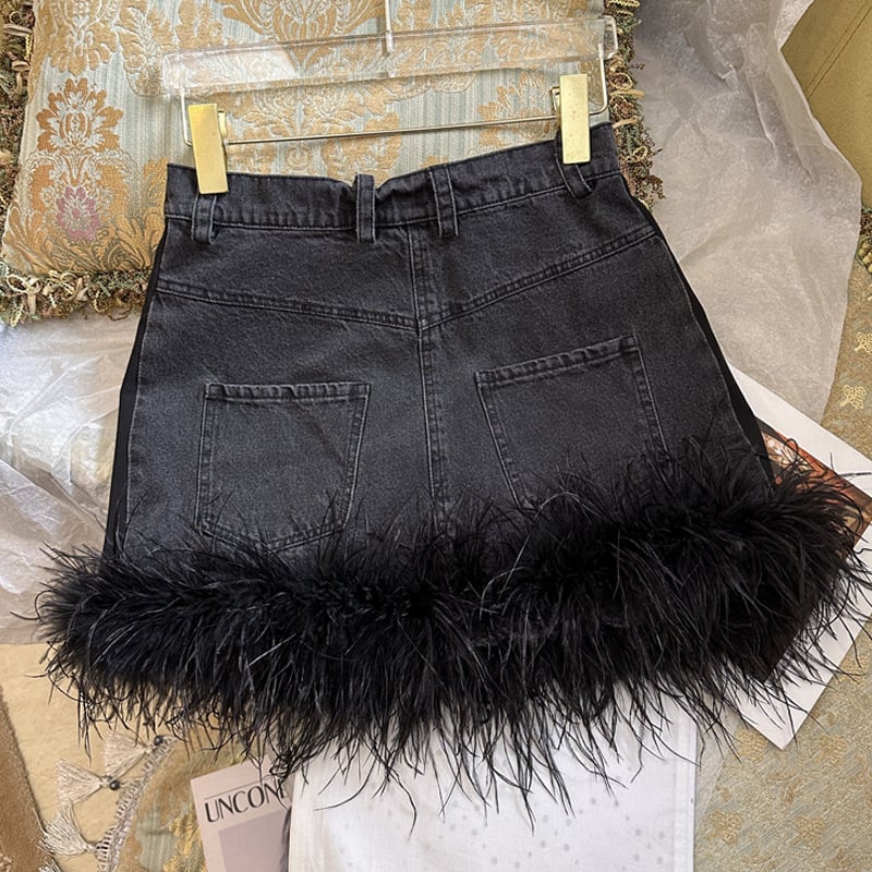 Black Denim Skirt | Ostrich Hair Trim