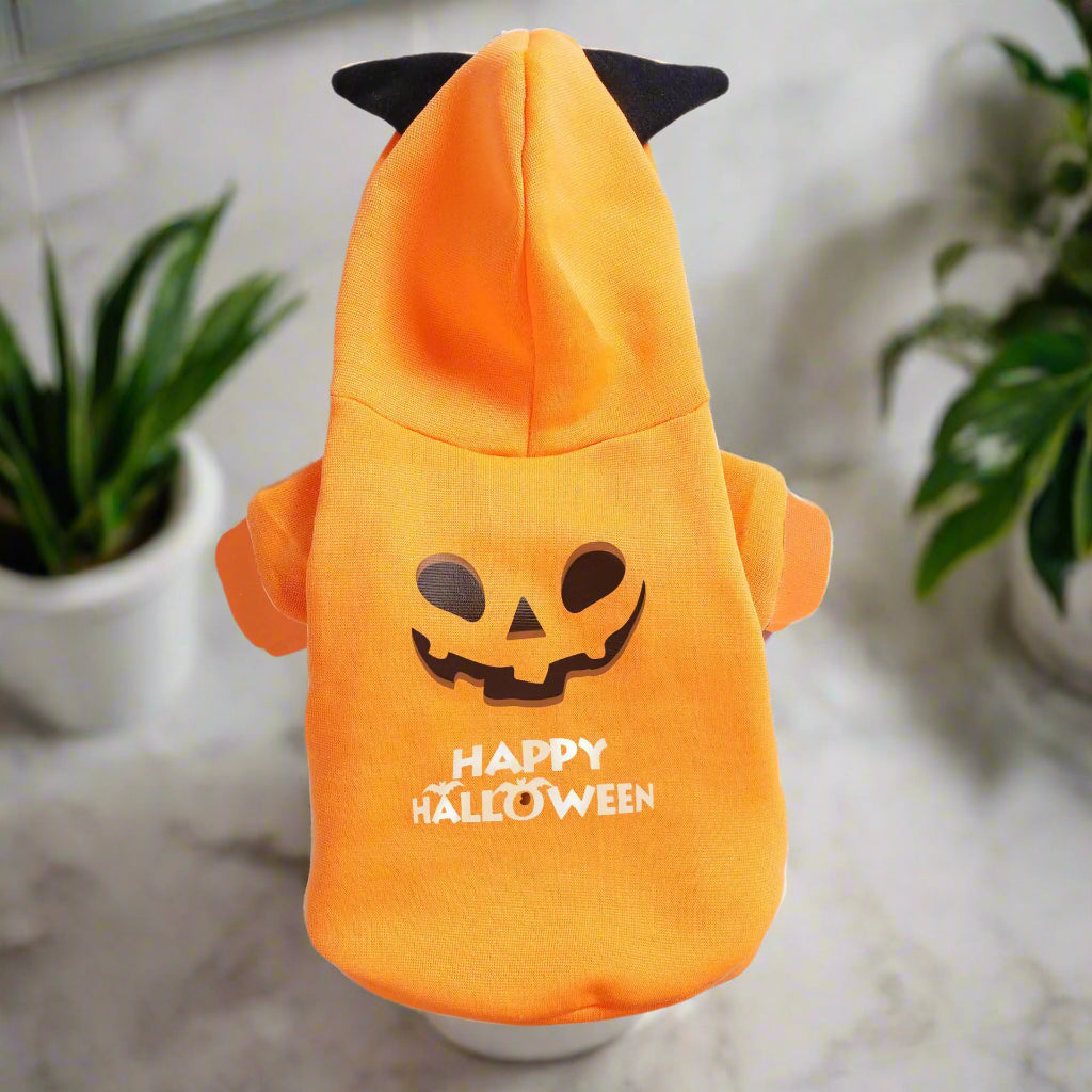 Orange Halloween-themed pet costume with black accents on a white background