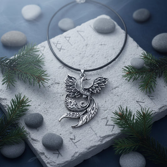 Silver phoenix pendant on a black cord against a wooden background